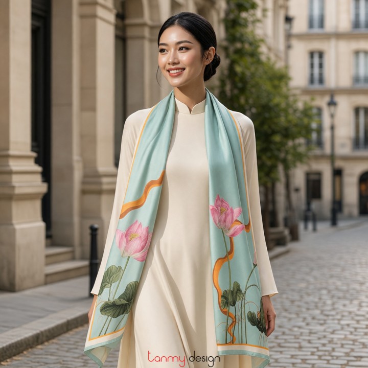 Khăn lụa dài hai mặt họa tiết Hoa sen xanh 65*150cm